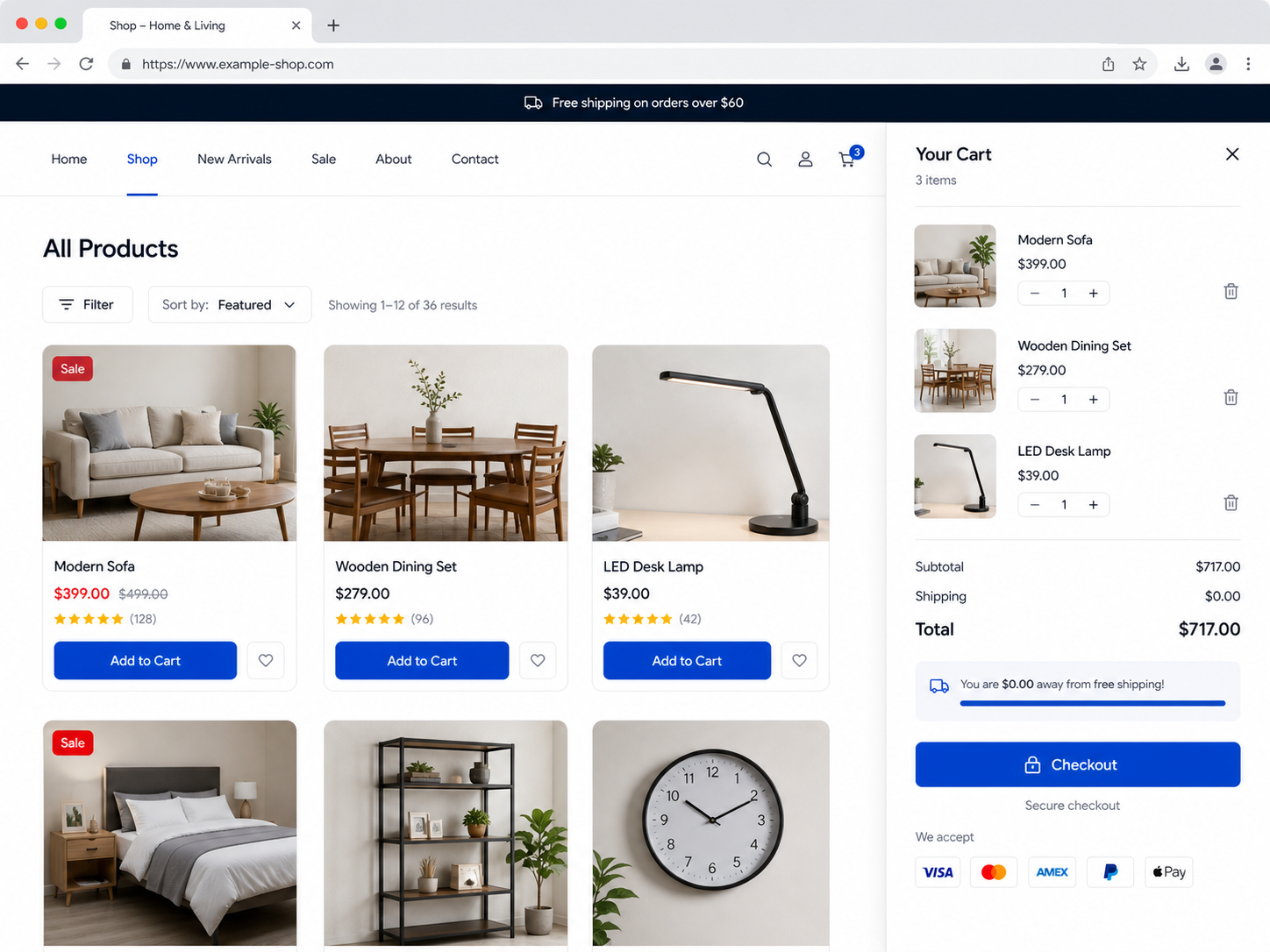 E-commerce shopping cart and checkout website