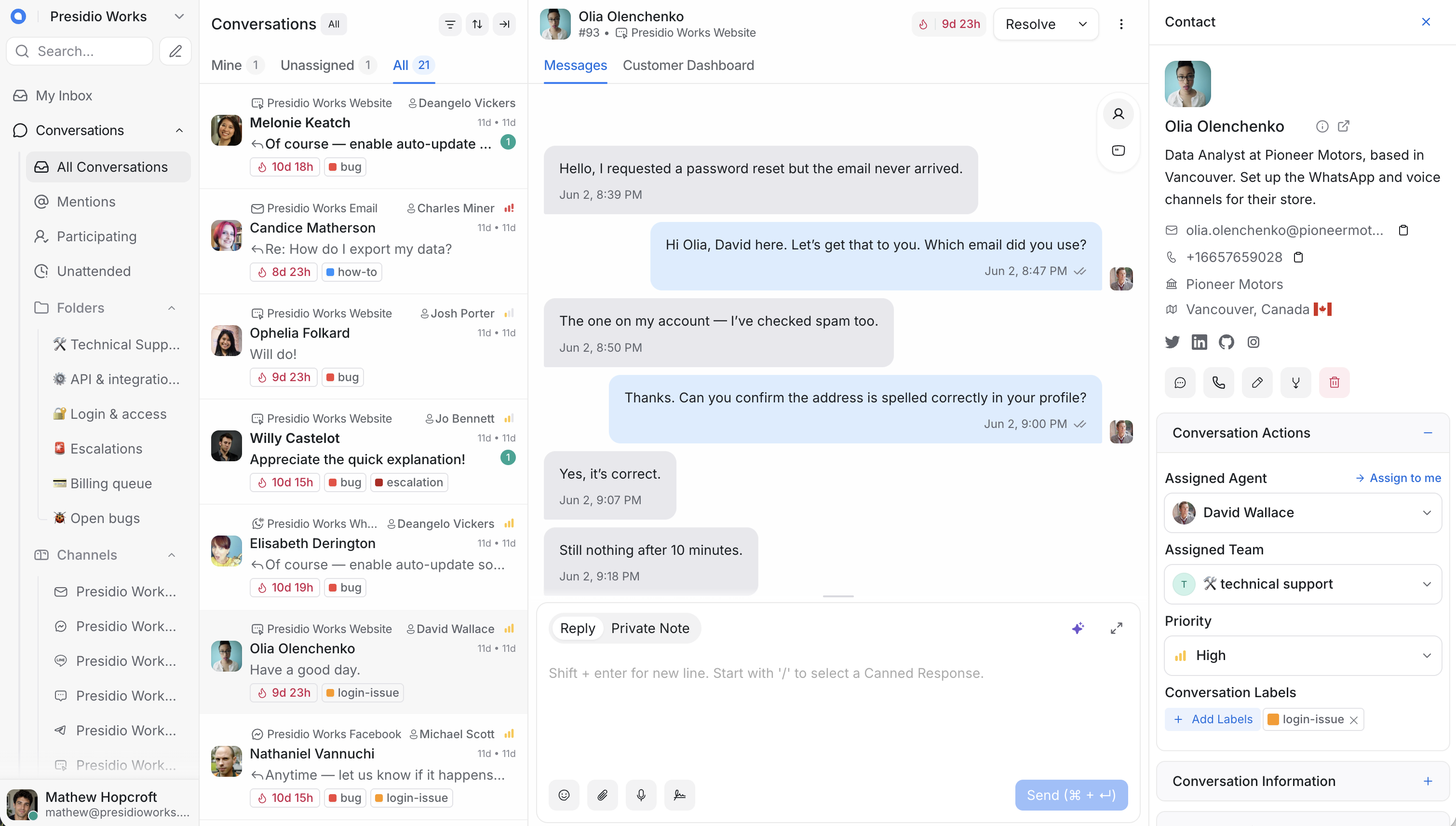 Chatwoot customer support dashboard screenshot