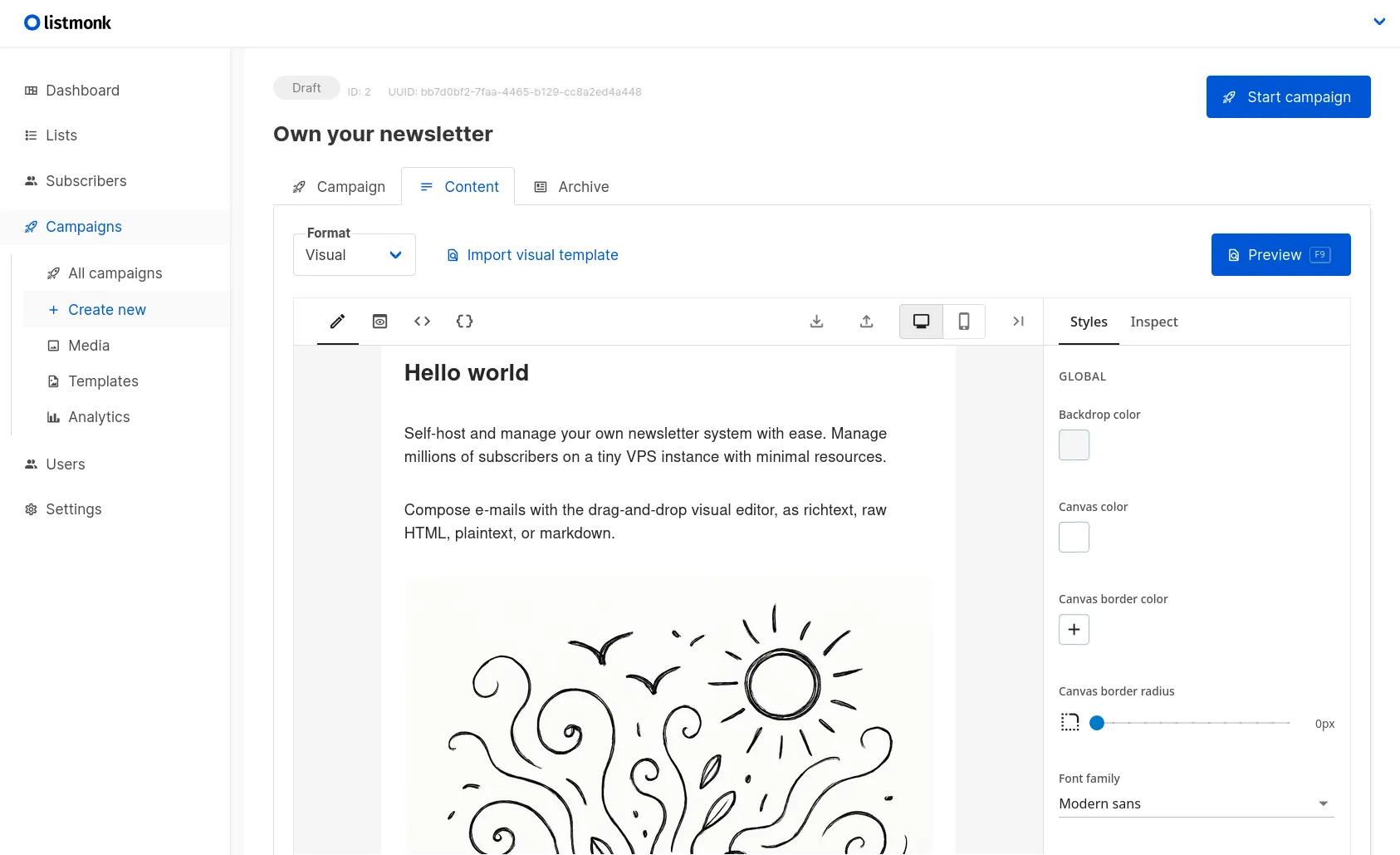 Listmonk newsletter screenshot
